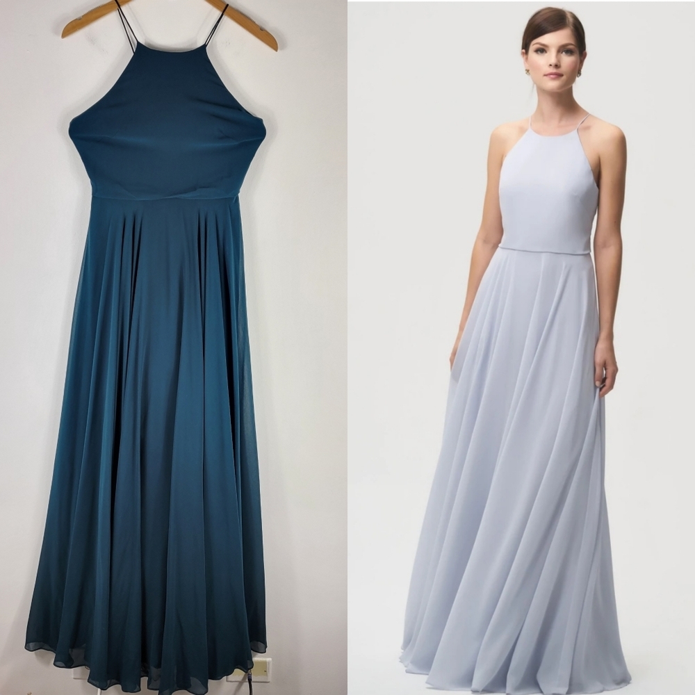 Jenny Yoo Luca High Kneck Spaghetti Strap Layered Chiffon Gown Maxi Dress